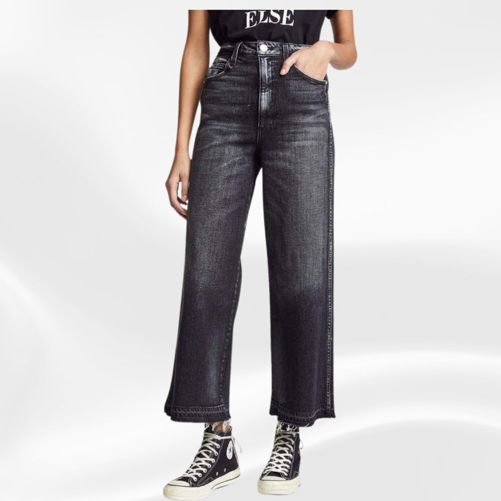AMO Denim Ava Crop Wide Leg Jeans Black Raw Hem High Rise Sz 29 USA